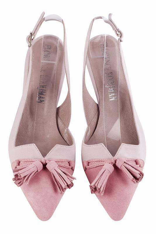 Carnation pink women's open back shoes, with a knot. Tapered toe. Medium slim heel. Top view - Florence KOOIJMAN